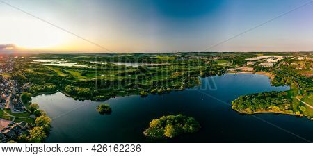 Panoramic drone aerial view of Manvers Lake, Rotherham, South Yorkshire, Wath upon Dearne