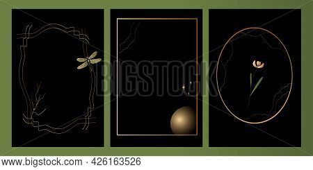 Vector Set Mystic And Elf Theme, Includes Beautiful Golden Frames For Decoration. Black, Green And G