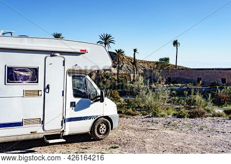 Caravan Camping At Movie Location El Chorrillo In Sierra Alhamilla, Spain. Tourist Attraction