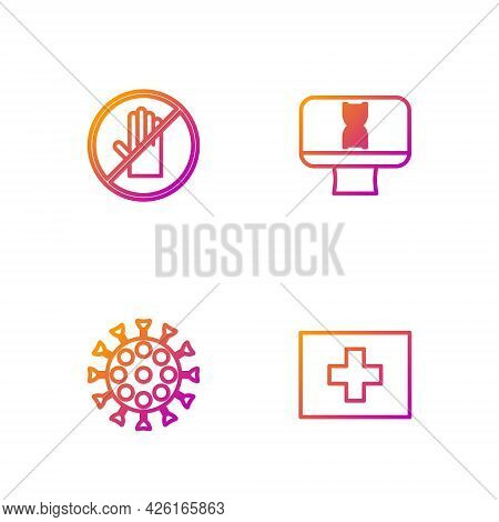 Set Line First Aid Kit, Virus, No Handshake And Dna Spiral Computer. Gradient Color Icons. Vector