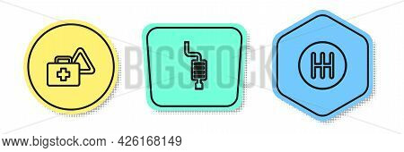 Set Line First Aid Kit And Warning Triangle, Car Muffler And Gear Shifter. Colored Shapes. Vector
