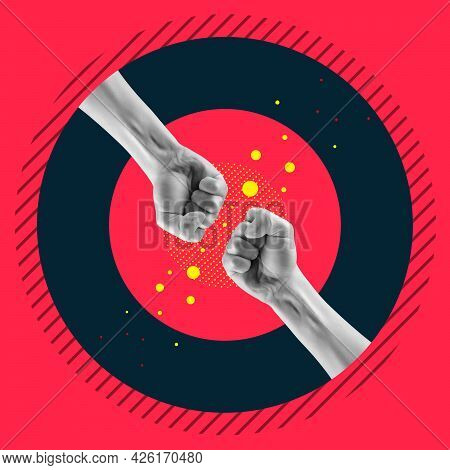 Art Collage. Human Arms With Clunched Fists In Black Circle On Red Background. Design And Creativity