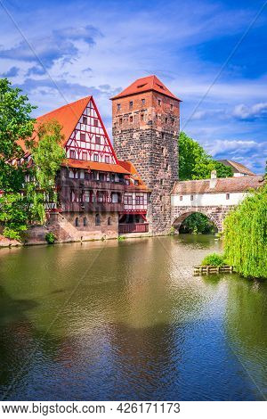 Nuremberg, Germany. Colourful And Picturesque View Of The Half-timbered Old Houses On The Banks Of T