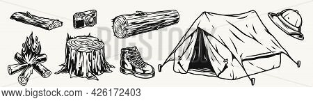 Camping Vintage Elements Composition With Tent Bonfire Safari Hat Male Boot Photo Camera Wooden Stum