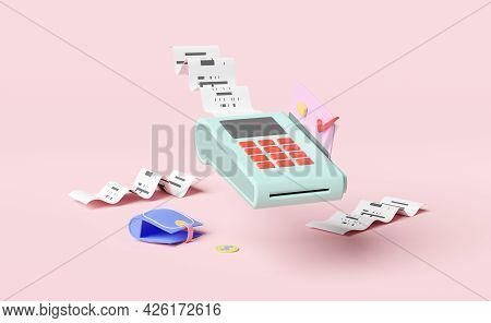 Payment Machine Or Pos Terminal, Electronic Bill Payment And Credit Card With Invoce Or Paper Check 