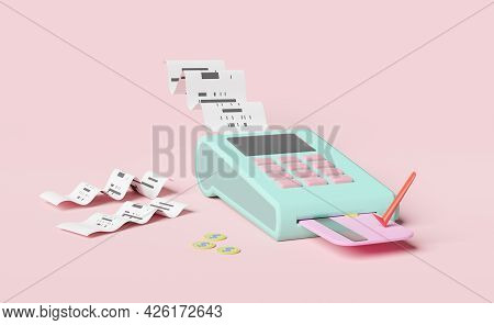 Payment Machine Or Pos Terminal, Electronic Bill Payment And Credit Card With Invoce Or Paper Check 