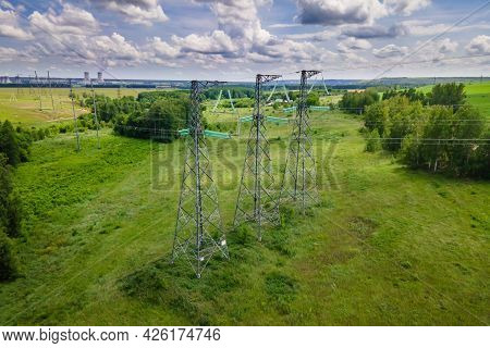 High Voltage Power Line On Industrial Electricity Line Tower For Electrification Rural Countryside A