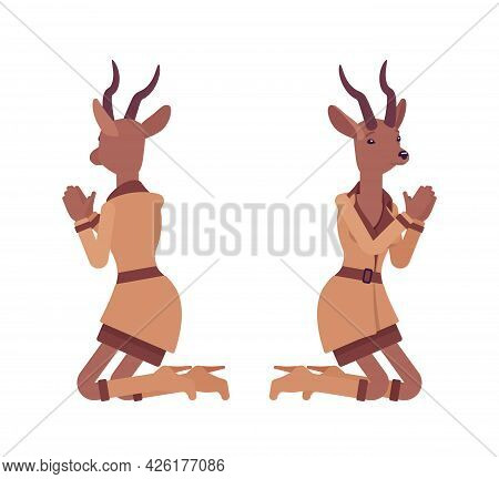 Roe Deer Woman Knelt In Despair, Elegant Gazelle Lady, Animal Head Stylish Human. Deerlike Businessw