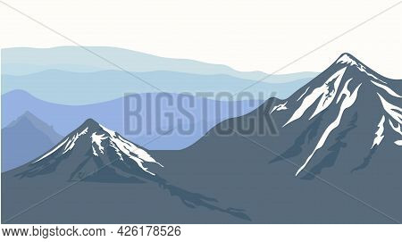Mountains Vector Stock Illustration. Snowy Hills Of The Mountain Range. Landscape With A Foggy Horiz