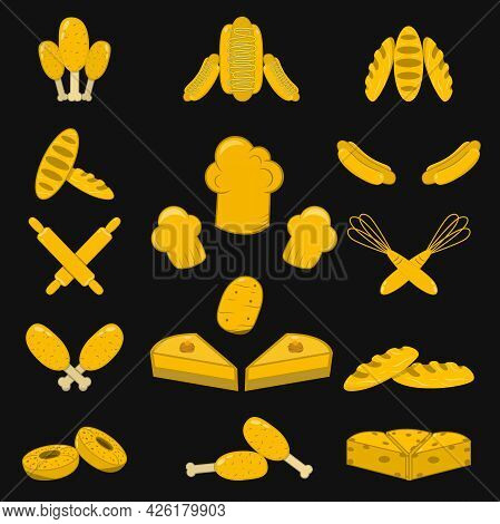 Vector Illustration Of Icon, Picture Food Theme, Yellow, Gold And Black Colors Background.
