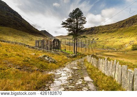 View Towards Slate Miner's Rhosydd Chapel In Hanging Valley Cwmorthin. Bleneau Ffestiniog, Snowdonia