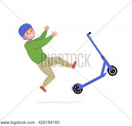 Child Falling Down From Kick Scooter. Little Boy In A Helmet Falls To The Ground After Scooter Accid