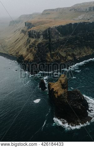 Drone shot of Talisker Bay on the Isle of Skye in Scotland