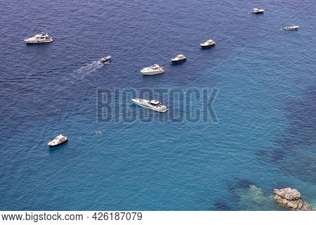 Capri Island, Italy - July 28, 2021: Aerial View Of Rocky Shoreline On The Tyrrhenian Sea Nearby Mar