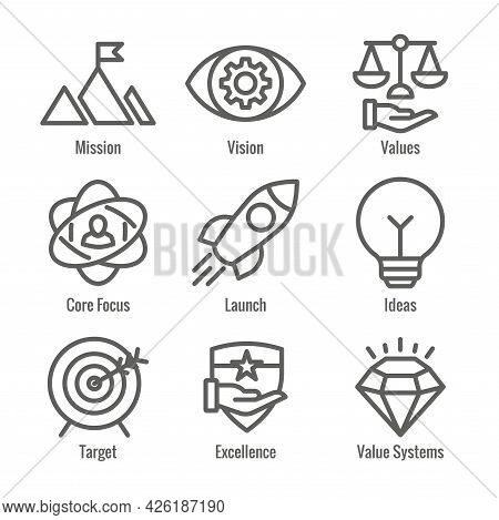 Mission Vision And Values Icon Set With Rocket, Ideas, & Goal Icons