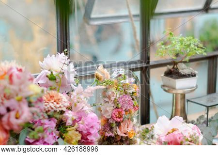 Blooming flowers decor in a flower shop
