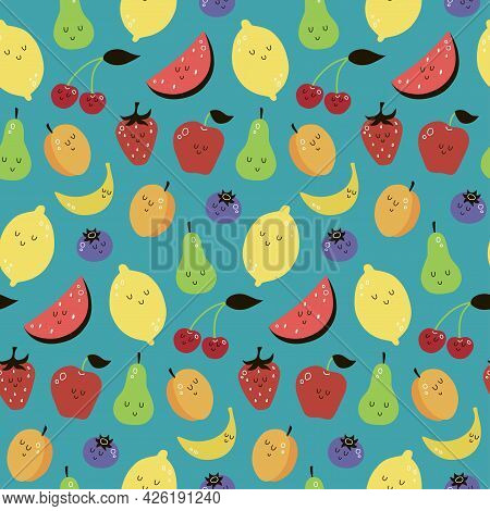 Vector Seamless Pattern With Cartoon Fruits. Apricot, Cherry, Watermelon, Pear, Berries, Strawberry,
