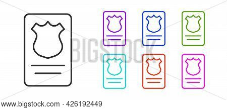 Black Line Police Badge With Id Case Icon Isolated On White Background. Set Icons Colorful. Vector