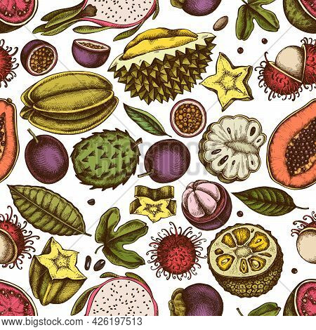 Seamless Pattern With Hand Drawn Colored Papaya, Guava, Passion Fruit, Starfruit, Durian, Rambutan, 