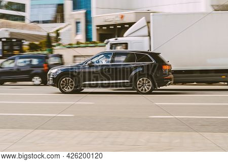 Moscow, Russia - May, 2021: Audi Q7 On The City Road. Fast Moving Car On The Street.