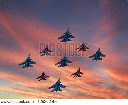 Moscow, Russia - May, 05, 2021: Diamond-shape Of 4 Mig-29 The Russian Knights And 5 Su-27 Swifts In 
