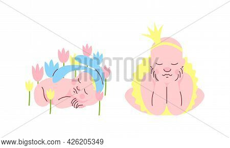Cute Lovely Newborn Boy And Giel Sleeping In Flowers Set Cartoon Vector Illustration