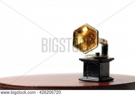 Doll House Interior - Gramophone On The Table Against White Background. Image Contains Copy Space