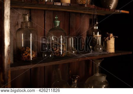Halloween Background Shelves With Alchemy Tools Skull Spiderweb Bottle With Poison Candles Witcher W