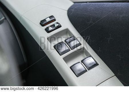 Novosibirsk, Russia - June 29, 2021: Toyota Vitz, Side Door Buttons: Window, Mirror Adjustment Butto