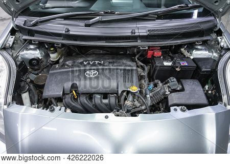 Novosibirsk, Russia - June 29, 2021: Toyota Vitz, Powerful Engine Closeup. Clean Motor Block.