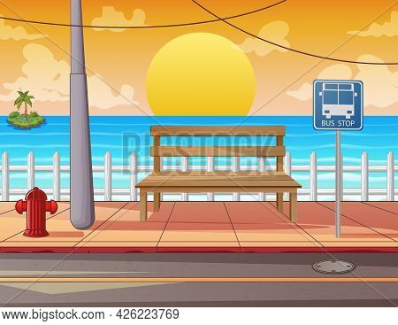 A Wooden Bench On The Sidewalk With Sea View