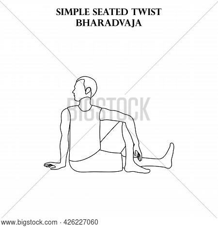 Simple Seated Twist Yoga Workout. Bharadvaja. Man Doing Yoga Illustration Outline On The White Backg