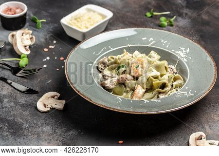 Ragu Bolognese, Italian Ground Beef Sauce With Spaghetti Pasta And Parmesan Cheese On Fork. Vertical