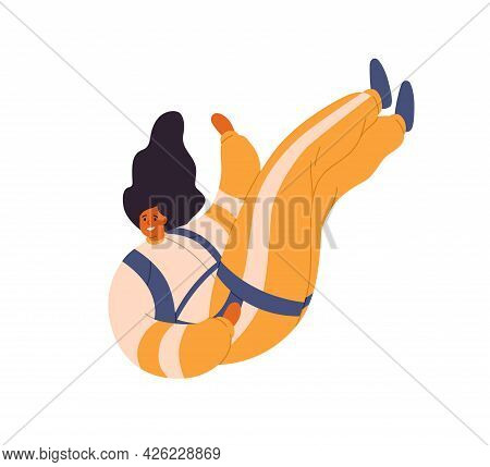 Happy Woman Floating In Air, Flying Down During Skydiving Jump. Free Fall Of Skydiver With Hair Up. 