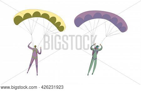 Paratroopers Or Parachutist Free-falling And Descenting With Parachutes Vector Set