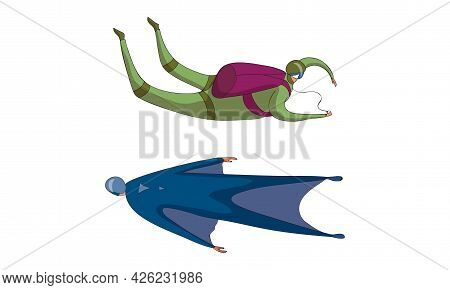 Paratroopers Or Parachutist Free-falling And Descenting With Parachutes Vector Set