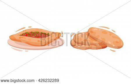 Turkey Culture Traditional Symbols With Pide Stuffed With Forcemeat And Flatbread Vector Set