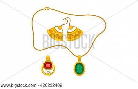 Jewellery Or Jewelry Item As Personal Adornment With Earrings And Pendant Ornament Vector Set