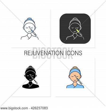 Cosmetic Injection Icons Set.woman Doing Injection Between Eyebrows. Rejuvenation. Beauty Cosmetic P