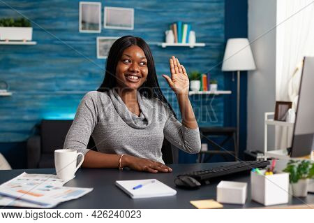 African American Woman Greeting University Collegue Discussing Maths Course During Online Videocall 