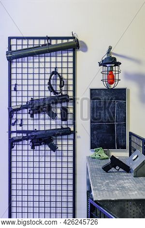Set Of Plastic Game Guns For Kids In Amusement Park, Safe Shooting Range, Shooting Training
