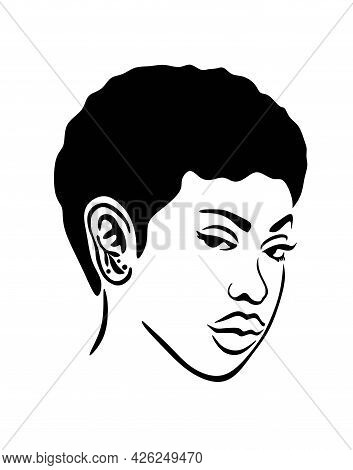 Black Afro African American Girl Woman Lady Vector Portrait Head Face Silhouette ,short Natural Wave