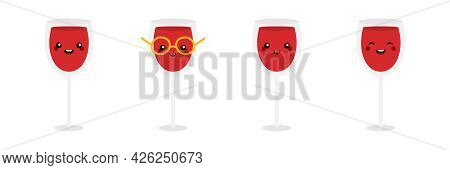 Set, Collection Of Cute And Happy Cartoon Style Red Wine Glasses Characters.