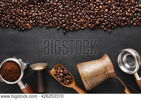 Roasted Coffee Beans With Accessories. High Quality Beautiful Photo Concept