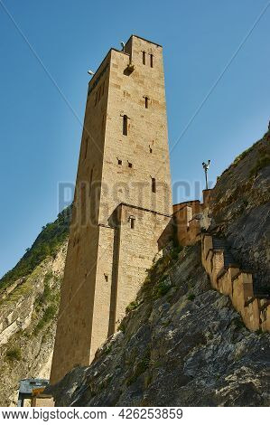Andalal Military Tower, Big Mountain Formation In The Background. Dagestan, Russia