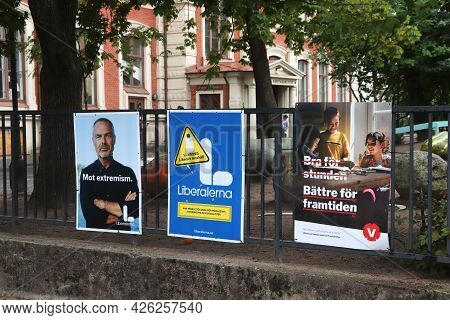 Gothenburg, Sweden - August 26, 2018: Liberal Party (liberalerna) And Vansterpartiet Political Poste