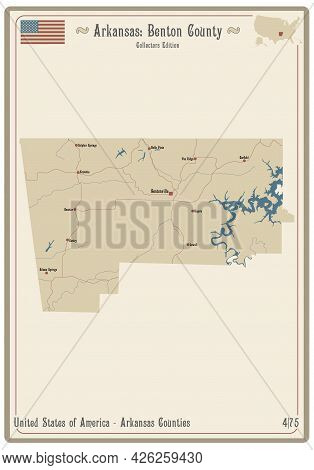 Map On An Old Playing Card Of Benton County In Arkansas, Usa.