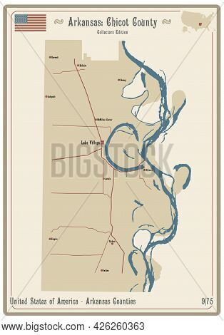 Map On An Old Playing Card Of Chicot County In Arkansas, Usa.