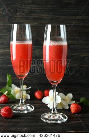 Concept Of Delicious Drink With Rossini Cocktail On Rustic Wooden Table
