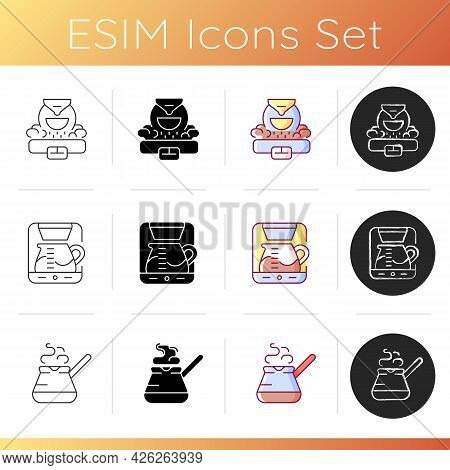 Coffee Shop Tools Icons Set. Industrial Roaster For Arabica Beans. Espresso Drip Machine. Turkish Ce